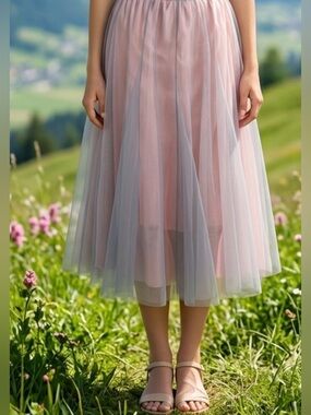 Sheer Layered Pink Midi Tulle Skirt